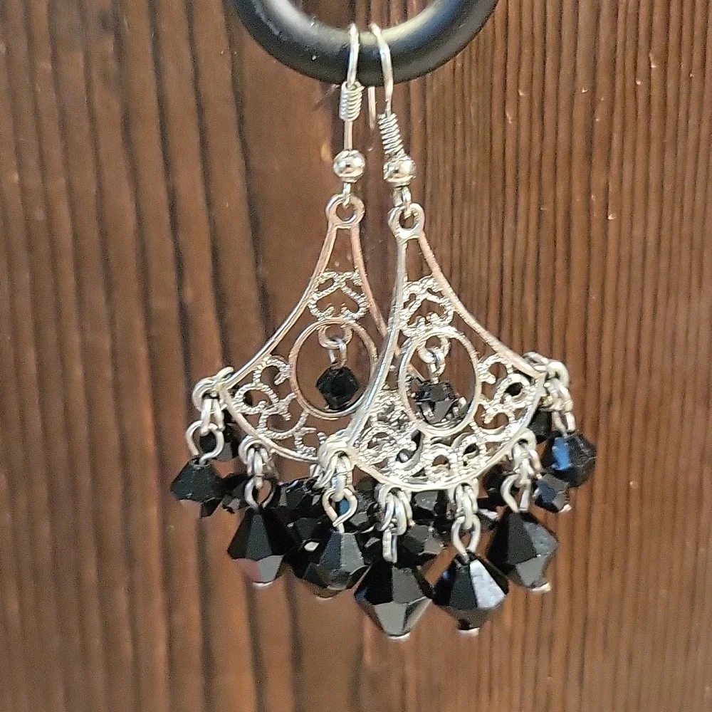 Black Beaded Chandelier‎ Earrings